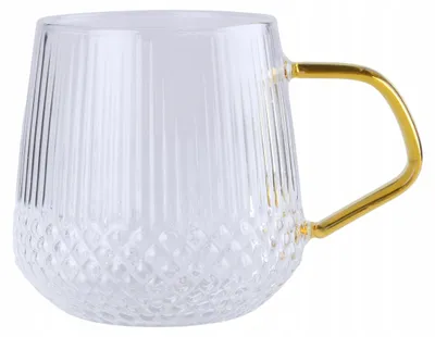 Produktbild von Gestreifter Glasbecher mit vergoldetem Henkel 400 ml transparent für Kaffee Teegetränke