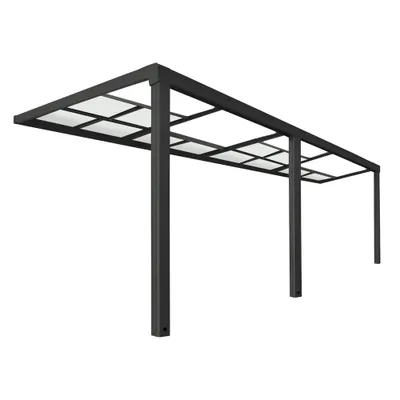 A product shot of a black metal pergola with a clear roof, shown against a white background.