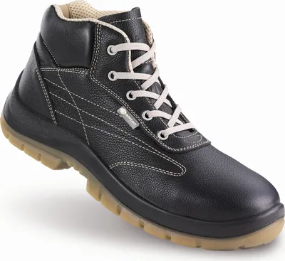 A black safety boot with tan laces and sole, presented against a white background.