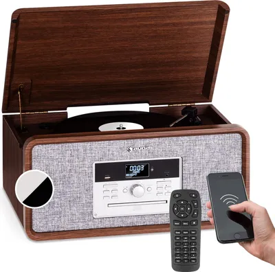 Image de Auna Platine Vinyle Bluetooth, Tourne Disque Vinyle CD, MP3 & USB avec Haut parleur, DAB+/FM Radio, Tourne-disques Audio Vinyle 33 tours, Chaine Hifi avec Platine Vinyle, Télécommande, avec Pieds
