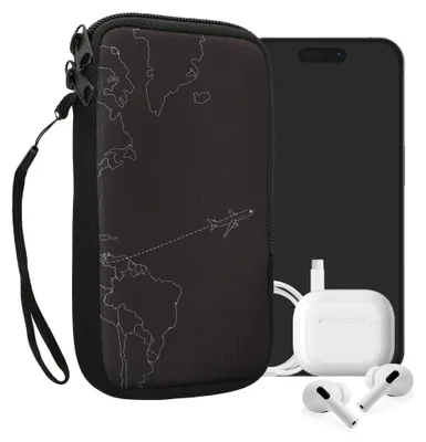 Produktbild von kwmobile Handytasche für Smartphones L - 6,5" - Neopren Handy Tasche Hülle Cover Case Schutzhülle - Travel Flugzeug Weiß Schwarz - 16,5 x 8,9 cm