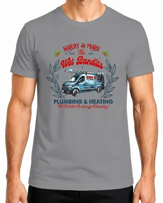 Productafbeelding van Harry & Marv Wet Bandits: Loodgieters- en verwarmingsbedrijf - Kerstmis, kerst, kerstman. Heren T-shirt, grijs, XXL