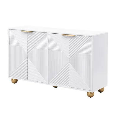 Produktbild von Sideboard mit vier geformten Türen, verstellbaren Innenböden, Metallgriffen und kugelförmigen Beinen