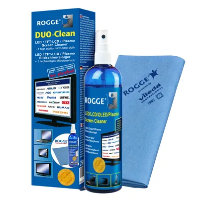 Produktbild von ROGGE DUO-Clean Original, 250ml Bildschirmreiniger inkl. 1x ROGGE & Vileda Microfasertuch. Für LCD-LED-TFT-OLED TV, Smartphone-Tablet usw.
