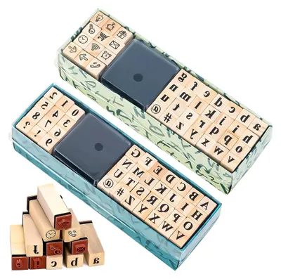 Produktbild von 80 Stück Stempelbuchstaben Set, Holzstempel mit Zahlen und Symbolen sowie Stempelkissen für DIY Grußkarten, Scrapbooking, Handwerk und Kartenherstellung