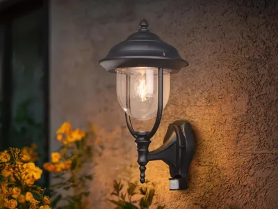 Produktbild von LED Außenwandleuchte mit Bewegungsmelder, große Landhausstil Wandlaterne Schwarz
