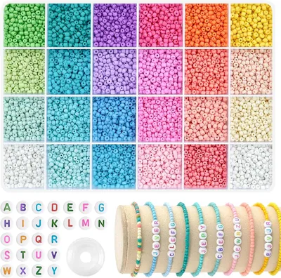 Produktbild von Glasperlen 3 mm, Set mit 24 Farben, für Armbänder, mit Buchstabenperlen und elastischer Kordel