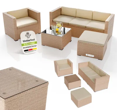 Produktbild von Juskys Polyrattan Lounge Punta Cana L creme – Gartenlounge für 4-5 Personen – Sitzgruppe mit Sessel, Sofa, Tisch & Hocker - Sitzbezüge Sand