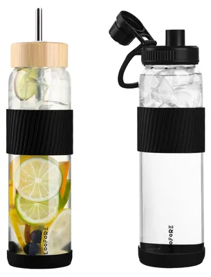 Image de Bouteille en verre de 1000 ml avec 2 bouchons et une paille