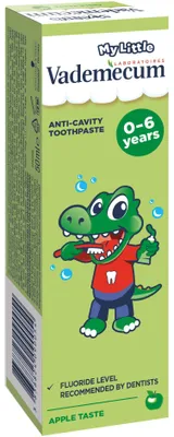 Produktbild von Kinderzahnpasta, Vademecum, 0–6 Jahre, Apfelgeschmack, Kariesschutz, sanfte Reinigung für Kinderzähne, 50 ml