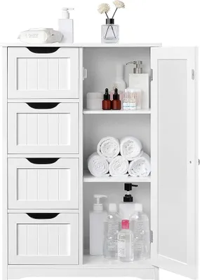 Produktbild von Unterschränke Badezimmerschrank mit 4 Schubladen und Tür Aufbewahrung verstellbare Regalebene Wohnzimmer/Küche/Flur 56 * 30 * 82 cm Weiß