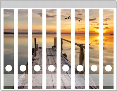 Produktbild von Wallario Ordnerrücken Sticker, selbstklebend für schmale Ordner, 8 Stück, Motiv Sonnenuntergang über dem See  idyllischer Steg
