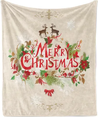 Obrázok produktu pre ABAKUHAUS Vianočná mäkká flanelová fleecová deka, Floral Merry Xmas, príjemný plyš na vnútorné aj vonkajšie použitie, 125 x 175 cm, zelená, červená, béžová