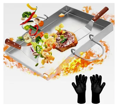 Produktbild von Plancha Grillplatte - 40 x 30 cm Edelstahl Grillplatte für Gas- und Kohlegrill - Gleichmäßige Hitzeverteilung - Grillplatte mit 2 Grillspachteln und Handschuhen