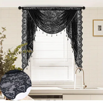 Produktbild von Wasserfall-Volants mit Spitze für Fenster, Vintage Blumenmuster Volant, Schwarz 150x105 cm