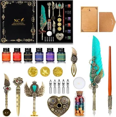 Produktbild von Famanu Kalligrafie-Set mit Tinte und Federn - Holzstift mit Wachssiegel