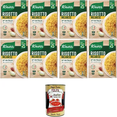 Produktbild von Knorr Risotto Alla Milanese,fertiges Risotto mit natürlichen Zutaten,100% italienischem Reis und Chicci al Dente, zubereitet in der Pfanne oder in der Mikrowelle, 8x175 g+Italian Gourmet polpa 400g