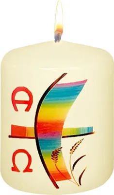 Produktbild von Osterkerze Transferdruck, Regenbogenkreuz bunt mit A + O 60 x Ø 50 mm