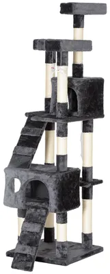 Image de Tour pour chat, multi-étages, griffoir de 173 cm de hauteur, 2 cachettes, arbre à grimper de couleur grise, poteaux en sisal, revêtement en peluche | Adapté aux chats jusqu'à 10 kg | Poids : 17,5 kg | Dimensions : 49 x 49 x 173 cm