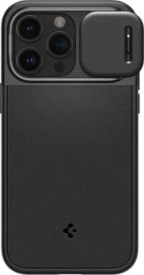 A black iPhone case with a camera cover is shown from the back against a white background.