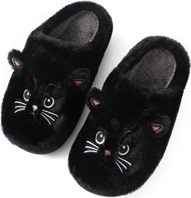 Obrázek produktu pro ASKSA Fluffy Slippers Women Men Winter Cat Slippers Bavlna Plush Cuddly Funny Animals Shoes Cat Slippers, černá, velikost: 38-39