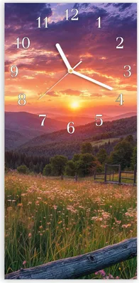 Produktbild von Wanduhr aus Glas mit Motiv Sonnenuntergang Wiese- 30 x 60 cm - inkl. Aufhängesystem