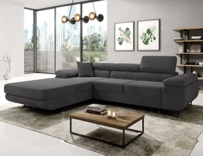 Produktbild von Easy4You Ecksofa NORBERG Kord L-Form Graphite – 279x72x205 cm - Schlafsofa mit Bettkasten und Schlaffunktion - Eckcouch mit Stauraum – Links – Stoff Kord POSO 34