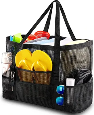 Produktbild von XL-Strandtasche Strandtasche XXL,Familie mit Reißverschluss Badetasche Damen Groß, Leicht Mesh Beach Bag,Wasserdicht Faltbare-schwarz