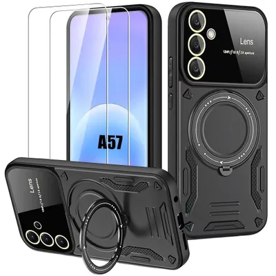 Image de Coque + 2 Verres Trempés pour Samsung Galaxy A57 5G, Antichoc avec Cercle Rotatif Magnétique - Noir