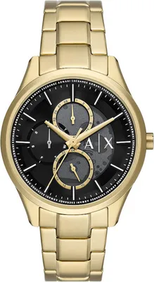 A product shot of a gold Armani Exchange watch with a black dial.