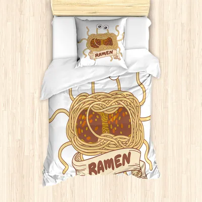 Produktbild von ABAKUHAUS Humorvoll Bettbezug Set für Einzelbetten, fliegendes Spaghettimonster, Milbensicher Allergiker geeignet mit Kissenbezug, 135 cm x 200 cm - 80 x 80 cm, Mehrfarbig