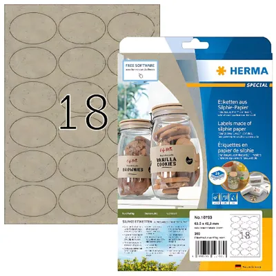 Produktbild von HERMA 10763 Universal Etiketten aus Graspapier oval, 20 Blatt, 63,5 x 42,3 mm, 18 pro A4 Bogen, 360 Stück, selbstklebend, bedruckbar, matt, blanko Klebeetiketten aus Silphie-Papier, natur-braun