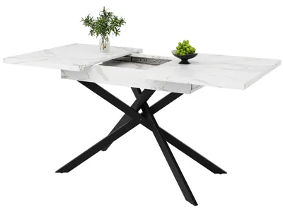 Produktbild von Esstisch - Ausziehbarer Teleskoptisch 120–160 cm - Weiße Marmorplatte - Schwarze Metallkreuzbeine - Platzsparend - Modernes Design - Weiß