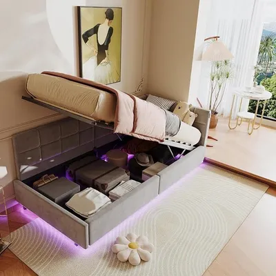 Immagine prodotto di Letto imbottito per bambini, 90x200 cm, con LED e USB; letto con boxspring, 90x200 cm, con spazio contenitore a sollevamento idraulico; divano letto singolo, letto giorno, letto per ospiti, struttura letto con rete a doghe; letto per adolescenti, in velluto, senza materasso