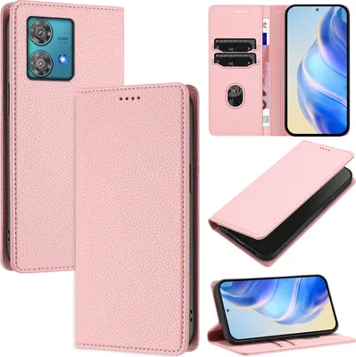 Produktbild von Litchi Leder Handyhülle für Motorola Edge 40 Neo Wallet Kartenfächer Standfunktion Hülle Pink