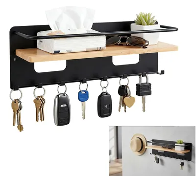 Produktbild von Schlüsselbrett mit Ablage und 8 Haken, Holz, dekorativ, für Eingangsbereich, Flur, Wohnzimmer, Schlafzimmer (schwarz)
