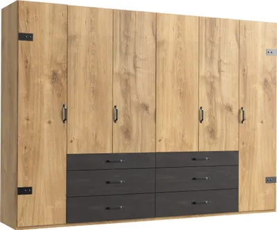 Produktbild von Kleiderschrank "Detroit" in Plankeneiche mit 6 Schubladen und 6 Türen. Abmessungen (BxHxT) 300x216x58 cm