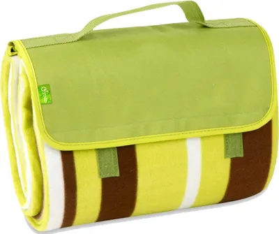 Obrázek produktu pro BRUBAKER Pikniková deka Fleece s voděodolnou spodní stranou PEVA 150 x 135 cm Světle zelené pruhy Hnědá bílá
