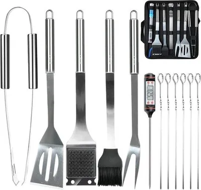Immagine prodotto di Set di accessori per barbecue Unyqoos® da 7 pezzi in acciaio inossidabile, con termometro e custodia – include pinza, forchetta, spatola, spazzola per la pulizia e spazzola in silicone, oltre a 6 spiedini per barbecue
