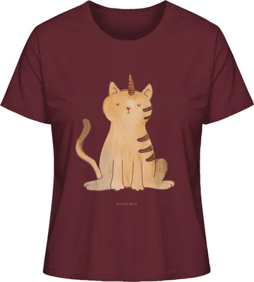 Produktbild von Mr. & Mrs. Panda Shirt Damen Einhorn Katze Größe M - Burgundy - Geschenk, Oberteil, Glitzer, T-Shirt Kurzarm, Basic, Sommershirt, Unicorn, Regenbogen, Mieze