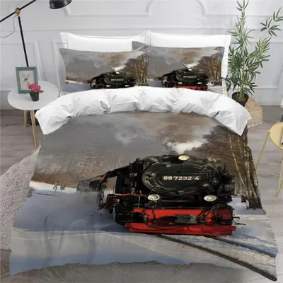 Produktbild von Bettwäsche-Set Zug Eisenbahn 200x200 cm 3-teilig 100% Mikrofaser 3D Druck mit 2 Kissenbezügen 80x80 cm