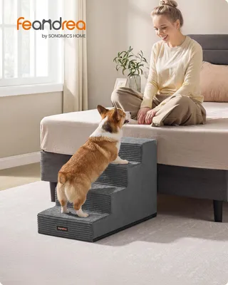 Produktbild von FEANDREA Hundetreppe für Kleine Hunde, 4 Stufen Waschbare Katzentreppe aus Schaumstoff für Sofa, 62 x 40 x 44 cm, Grau