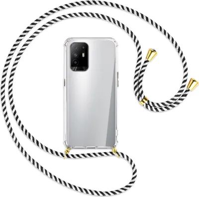 Produktbild von Handykette Backcover-Schutzhülle mit Band (Metall goldfarben) für Oppo A94 5G / F19 Pro+ 5G - schwarz/weiß gestreift