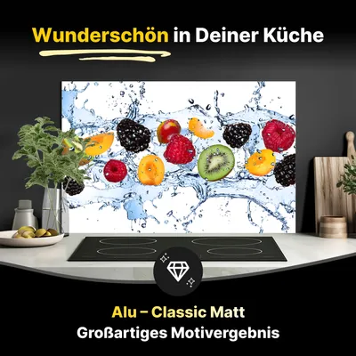 Produktbild von Spritzschutz Küchenrückwand aus Aluminiumverbund in Matt 90x60 cm - Buntes Fruchtwasser-Splash Fotografie