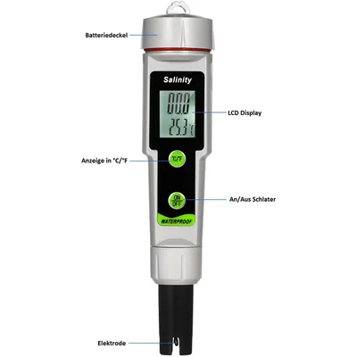 A digital salinity meter with labels pointing to its different parts.