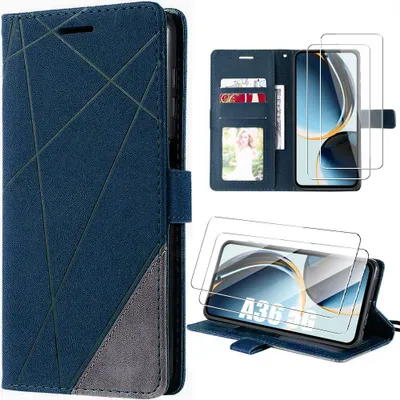 Image de Coque + 2 Verres Trempés pour Samsung Galaxy A36 5G, Protection Flip Case Cuir Synthétique Élégant - Bleu Marine