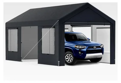Produktbild von Zeltgarage, Garagenzelt 300 x 595 x 280, Lagerzelt Carport mit 8 abnehmbaren Seitenwänden, Metallrahmen, PE-Fensterverkleidungen, Rolltüren, Garage Unterstand inklusive Erdnägeln und Seilen