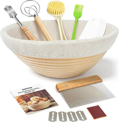 Produktbild von Sauerteig Starterset - 23 cm - Brotkörbchen - Brotgärkorb mit Stoffeinlage - Teigschaber, Teigmesser Lame, Schneebesen, Silikonpinsel und Bürste
