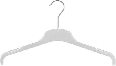 A white plastic clothes hanger with a silver hook against a white background.