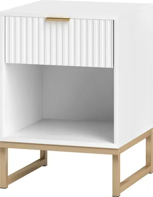 Produktbild von Weißer Nachttisch mit Schublade und Regal, Metallbeine, Stauraum für Schlafzimmer und Wohnzimmer